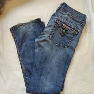 Hudson jeans, distressed blue, flare. Size 28